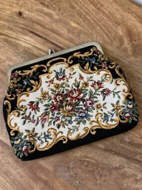 Vintage WALBORG Floral Woven Tapestry Evening Clutch Bag Kiss Lock